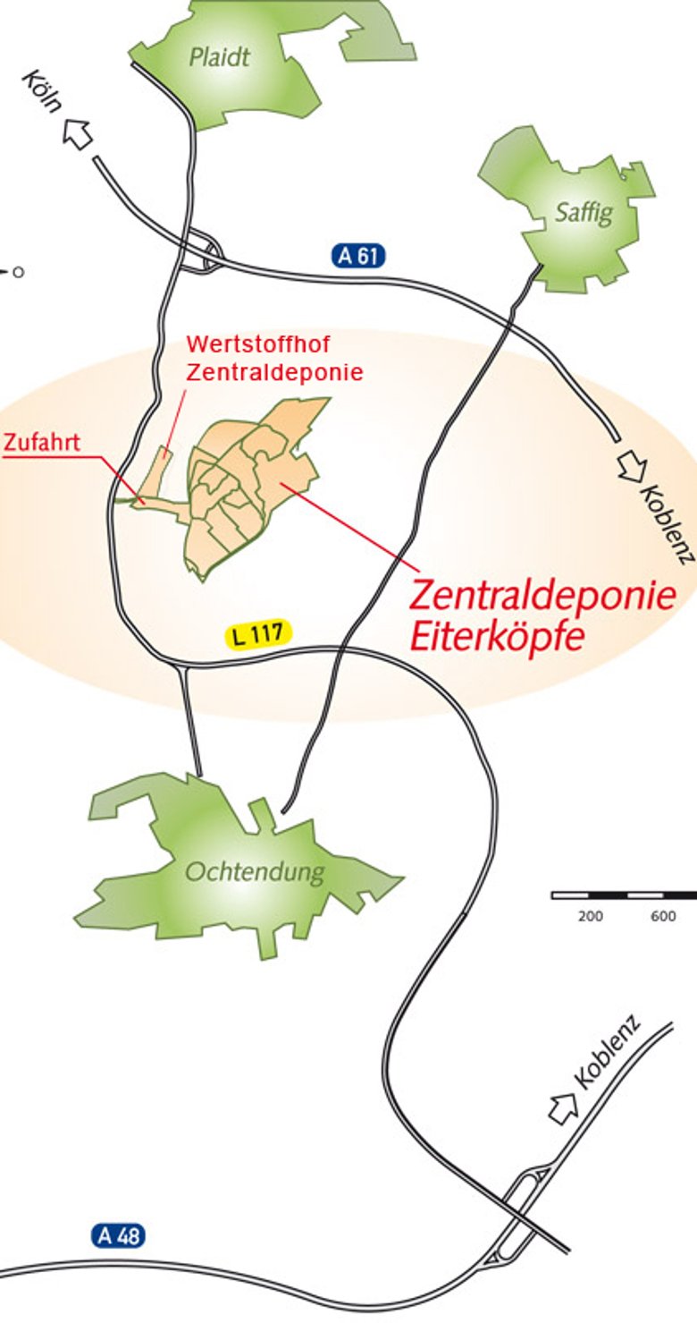 Eine Anfahrtsskizze zeigt die Anfahrt aus verschiedenen Richtungen zum Abfallzweckverband Rhein-Mosel-Eifel.