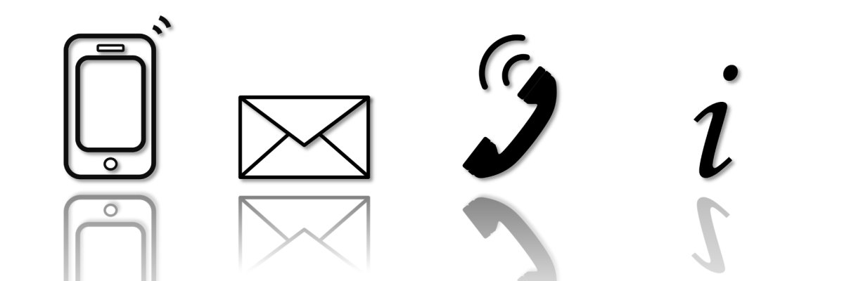 Kontaktmöglichkeiten Auf diesem Foto sind verschiedene Symbole, wie man den Abfallzweckverband erreichen kann. Abgebildet sind ein Mobiltelefon, eine E-Mail, ein Telefonhörer und ein i für Information.