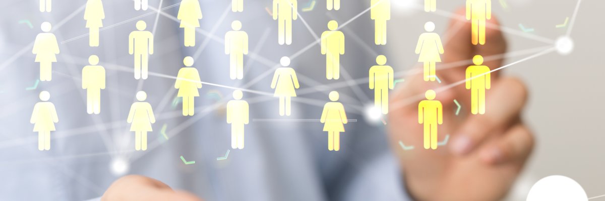 Mitglieder Darstellung von gelben Piktogrammen in Form von Personen, welche durch Linien miteinander verbunden sind.