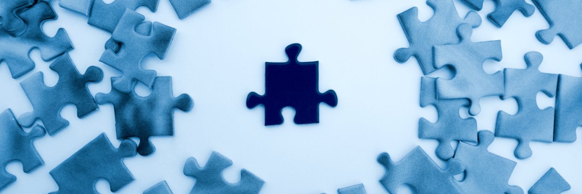 Verschiedene blaue Puzzleteile, die ungeordnet auf einem blauen Hintergrund liegen. In der Mitte liegt ein dunkelblaues Puzzleteil, welches sich deutlich von den anderen abhebt. 