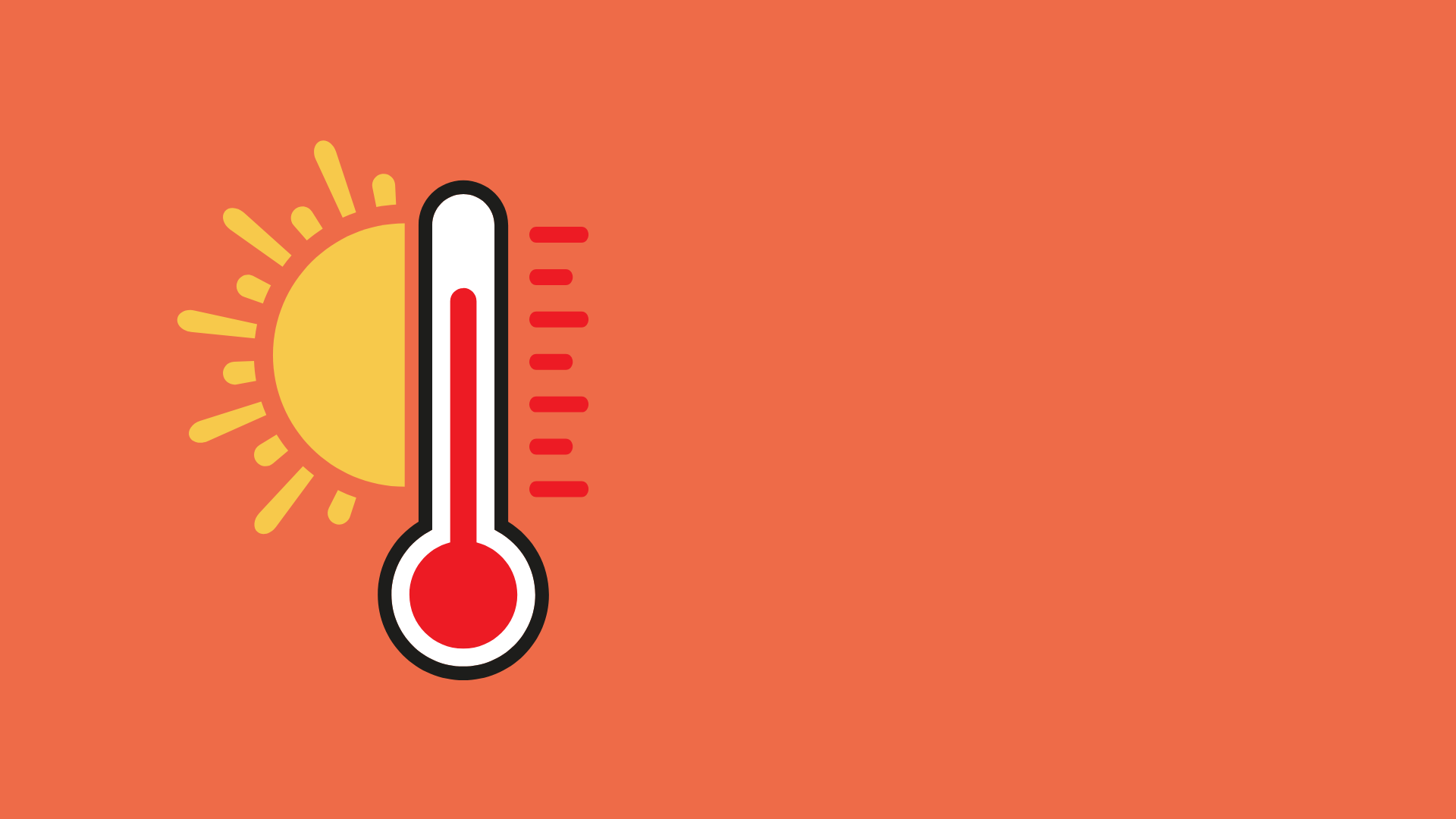 Roter Hintergrund mit einem Thermometer, welches sehr hoch angestiegen ist. Daneben ist eine Sonne.